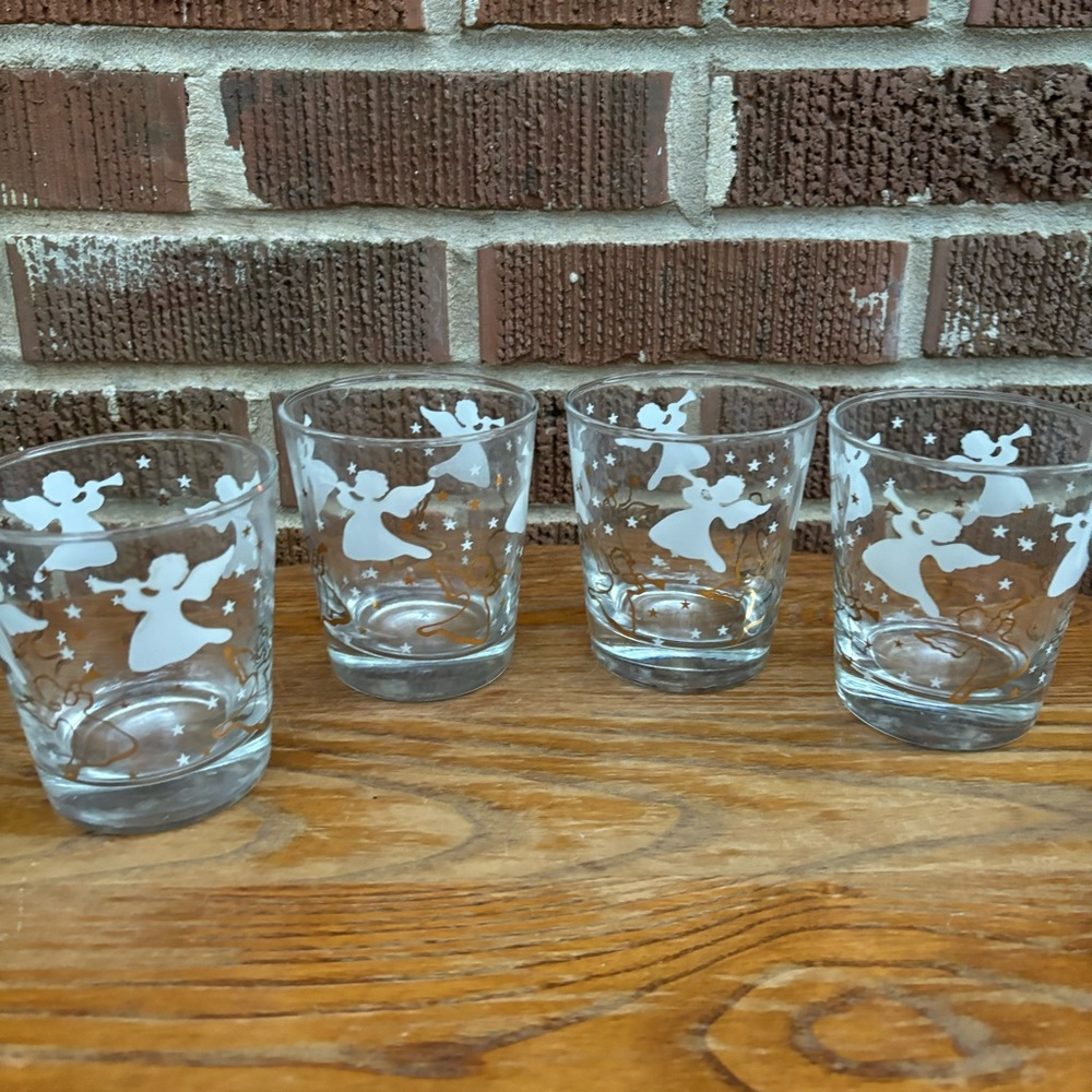 Anchor Hocking VTG Cocktail Glasses With Gold & White Angels & Stars Design 4pc